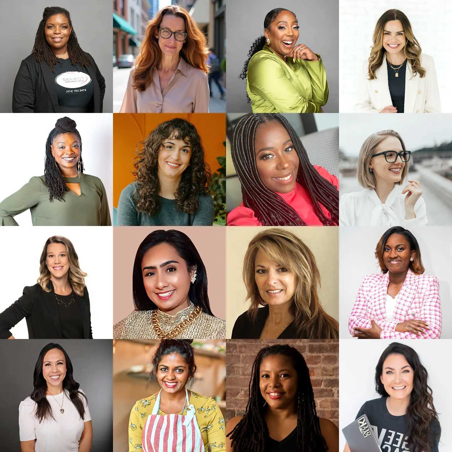 Sixteen headshots of women in business, laid out in a collage configuration.