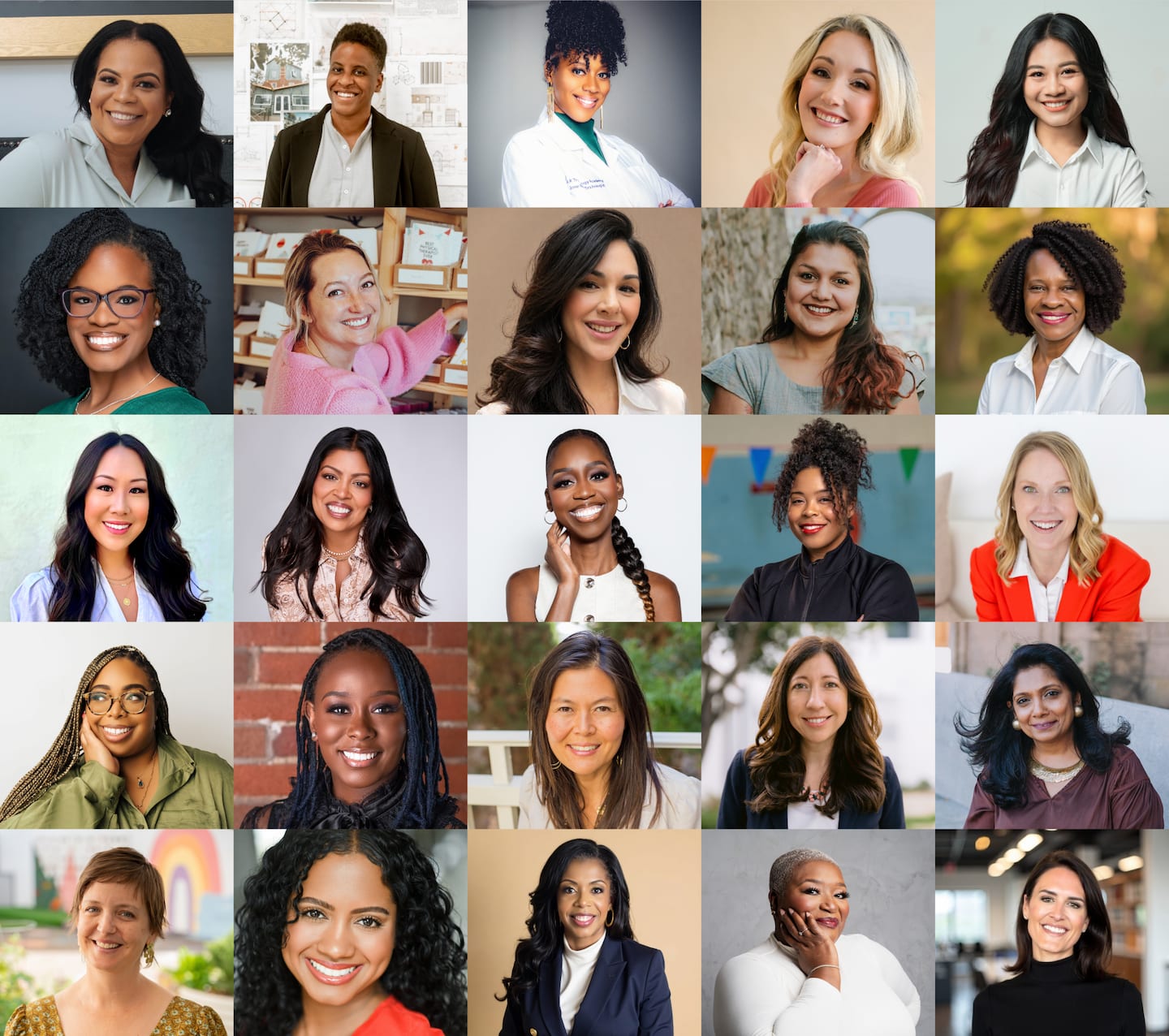 Twenty-five headshots of women entrepreneurs, laid out in a collage configuration.