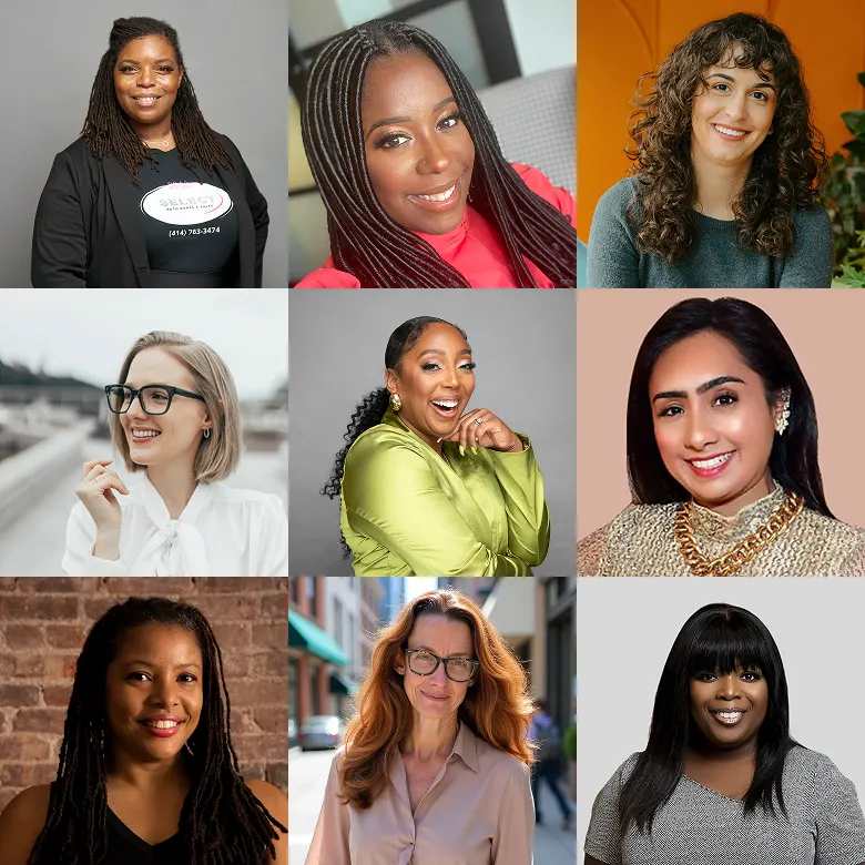 Nine headshots of women in business, laid out in a collage configuration.