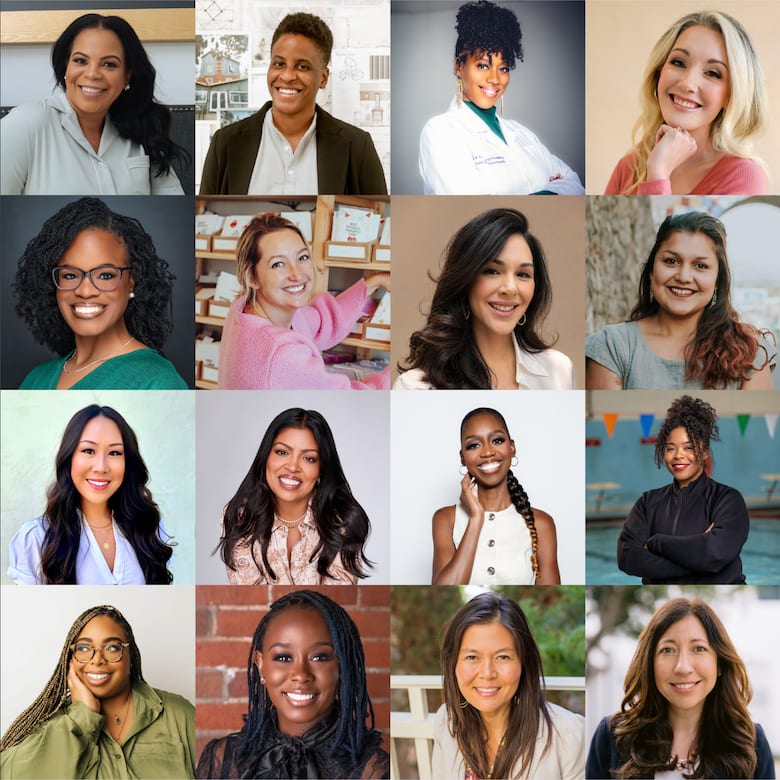 Sixteen headshots of women entrepreneurs, laid out in a collage configuration.