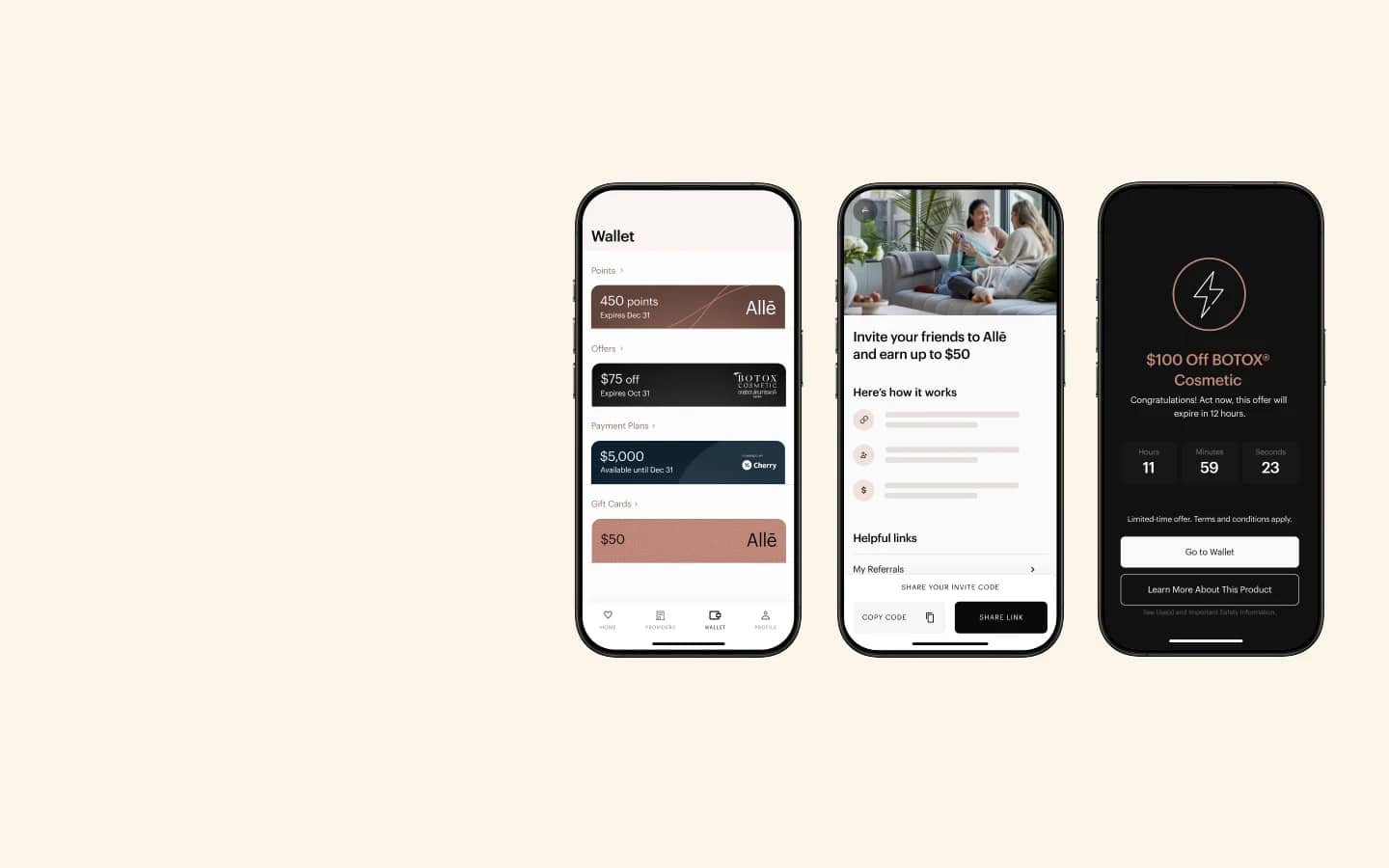 Allē points reward app screens