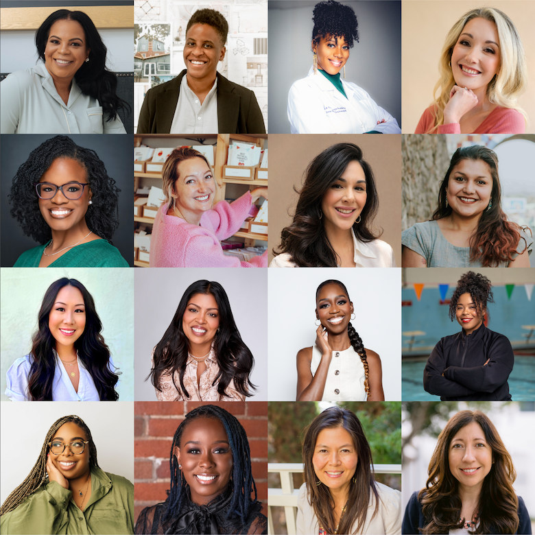 Sixteen headshots of women entrepreneurs, laid out in a collage configuration.