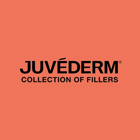 Black JUVÉDERM® Collection of Fillers logo on red background